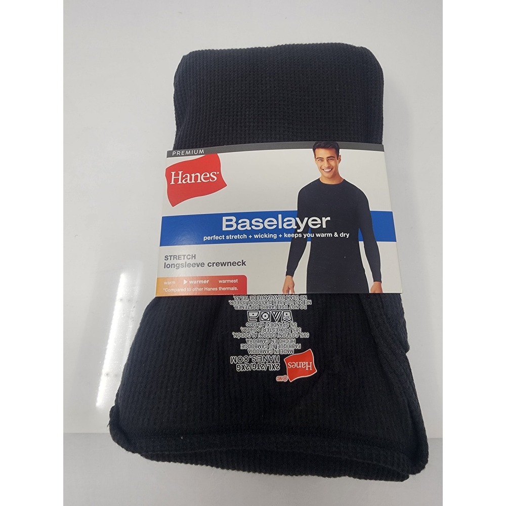 Hanes Mens Baselayer Crewneck Shirt Black Cotton Blend Workout Size 2XL